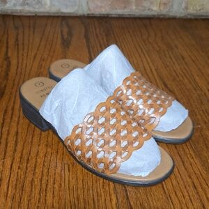 Leather Craft Women 7 Woven Tan Leather Slide Heeled Sandals